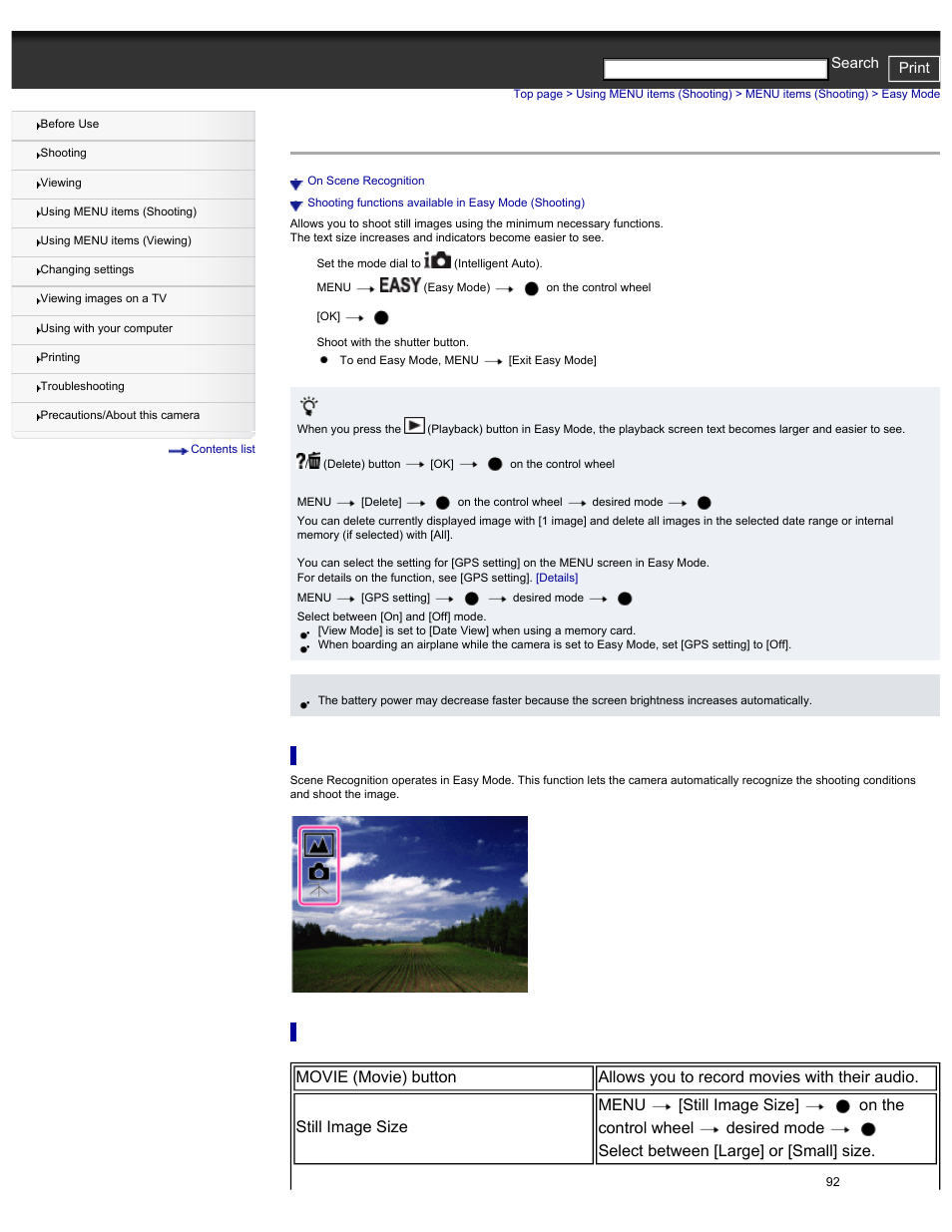 Easy mode, On scene recognition, Oting functions available in easy mode (shooting) | Sony DSC-HX30V User Manual | Page 101 / 276