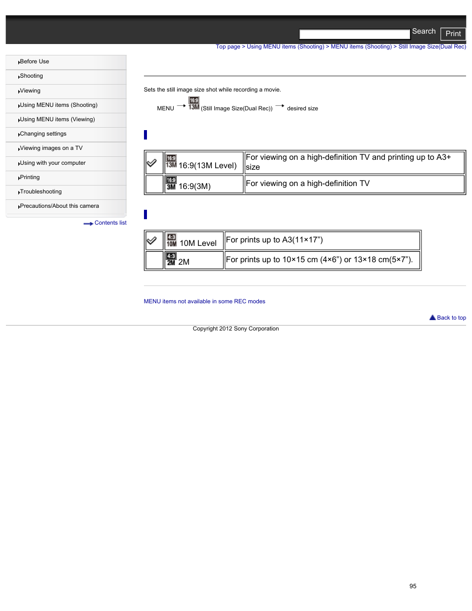 Still image size(dual rec), Details | Sony DSC-HX30V User Manual | Page 104 / 276
