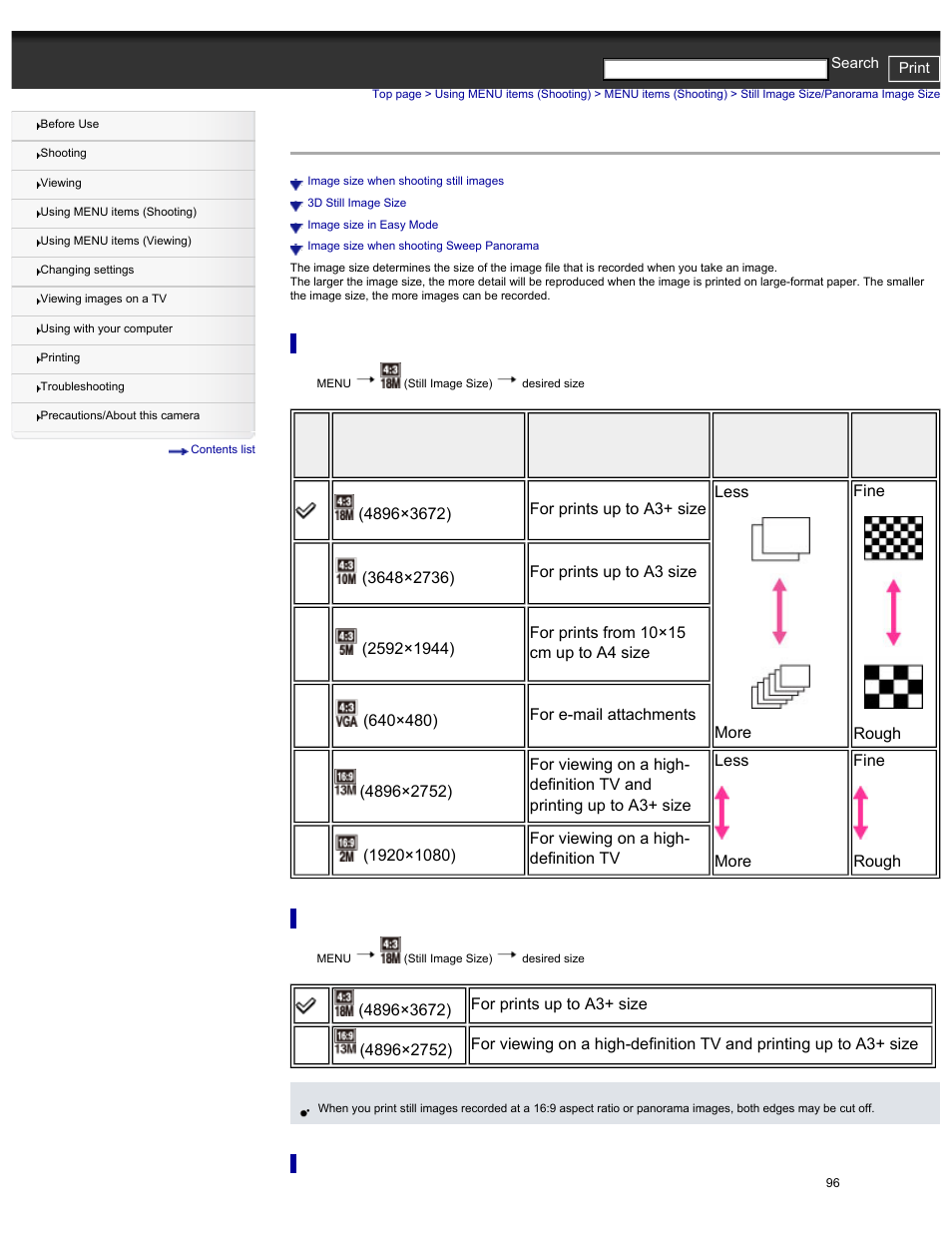 Still image size/panorama image size, Image size when shooting still images, 3d still image size | Mage size in easy mode, Details | Sony DSC-HX30V User Manual | Page 105 / 276