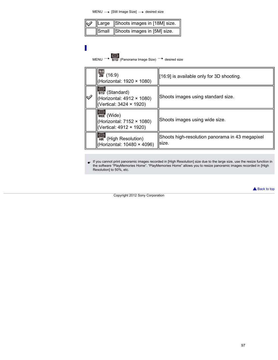 Image size when shooting sweep panorama | Sony DSC-HX30V User Manual | Page 106 / 276
