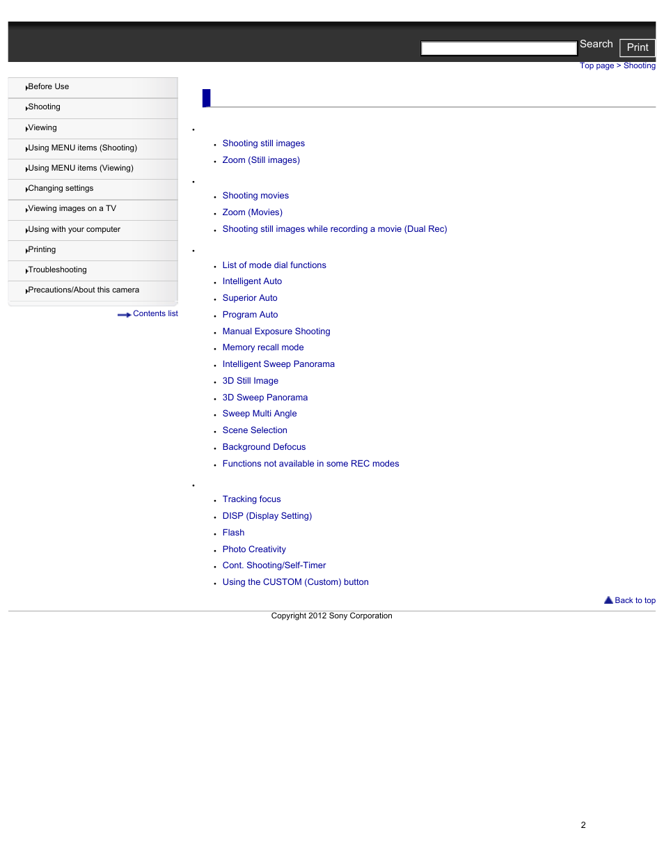 Shooting, Shooting still images, Shooting movies | Setting rec mode, Using shooting functions, Cyber-shot user guide print search | Sony DSC-HX30V User Manual | Page 11 / 276
