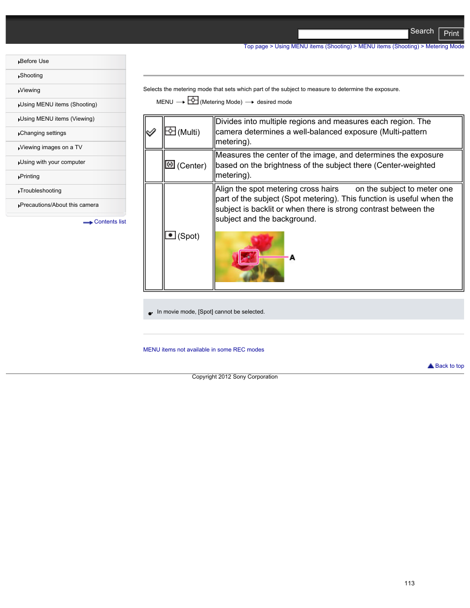 Metering mode | Sony DSC-HX30V User Manual | Page 122 / 276