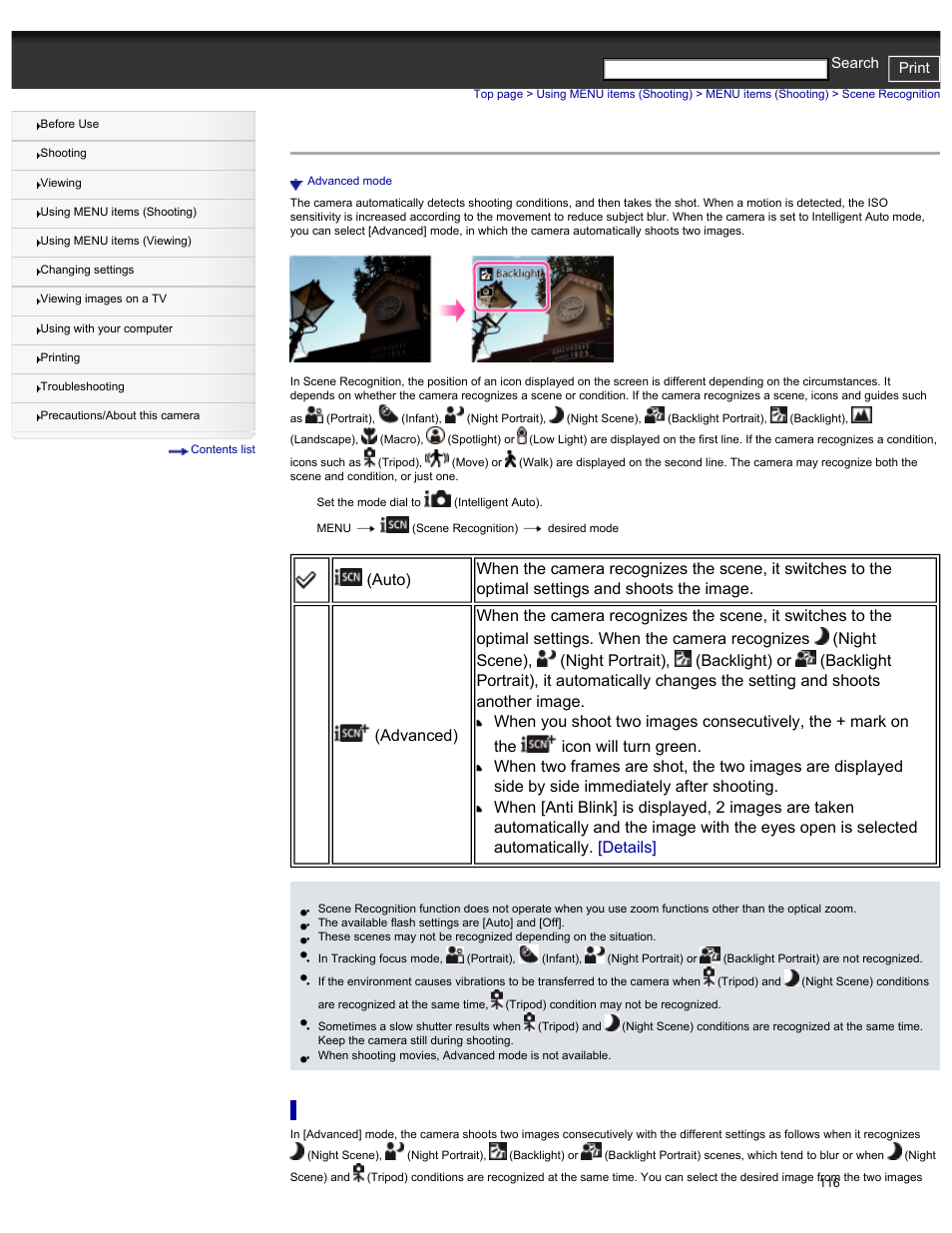 Scene recognition, Advanced mode | Sony DSC-HX30V User Manual | Page 125 / 276