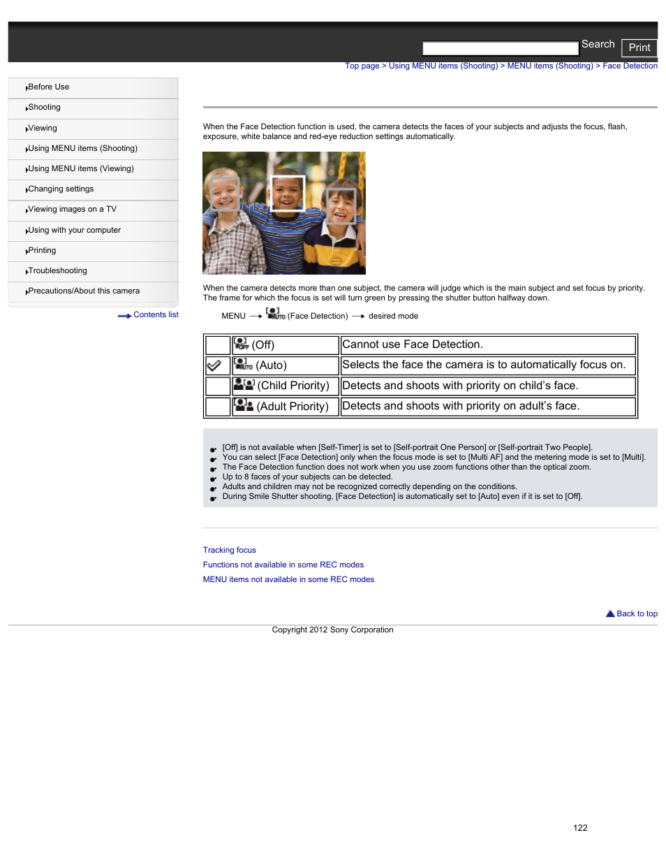 Face detection, Details, Cyber-shot user guide print search | Sony DSC-HX30V User Manual | Page 131 / 276