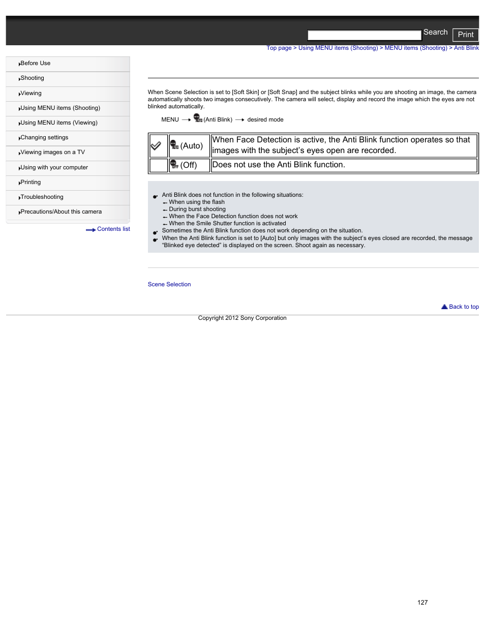 Anti blink, Cyber-shot user guide print search | Sony DSC-HX30V User Manual | Page 136 / 276