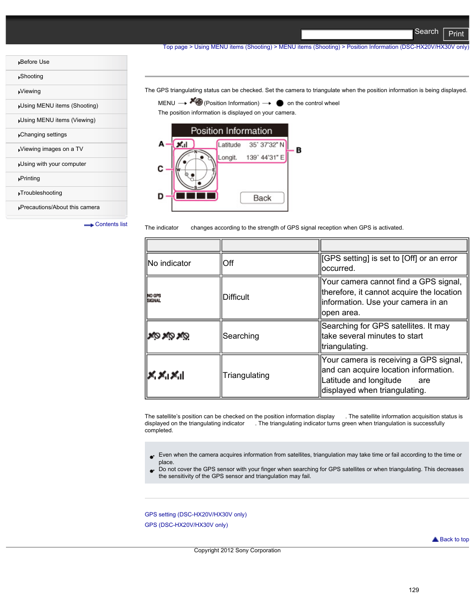 Position information (dsc-hx20v/hx30v only) | Sony DSC-HX30V User Manual | Page 138 / 276