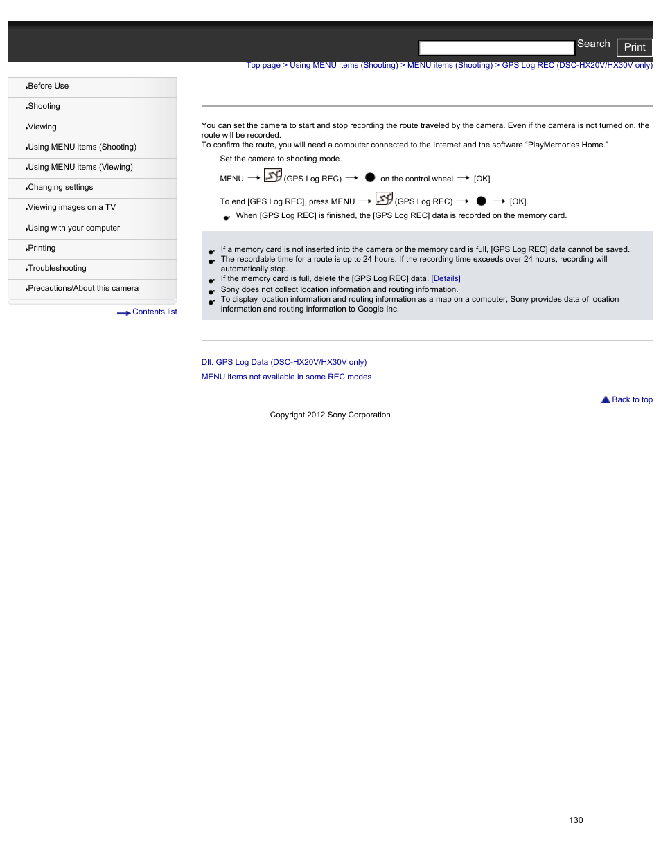 Gps log rec (dsc-hx20v/hx30v only), Cyber-shot user guide print search | Sony DSC-HX30V User Manual | Page 139 / 276