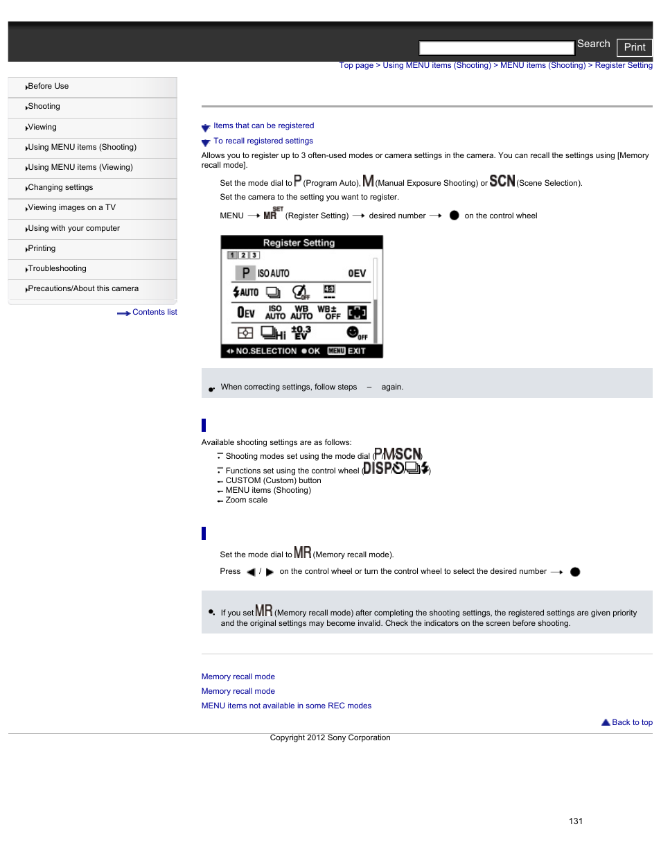 Register setting, Items that can be registered, To recall registered settings | Register setting), Details, Cyber-shot user guide print search | Sony DSC-HX30V User Manual | Page 140 / 276