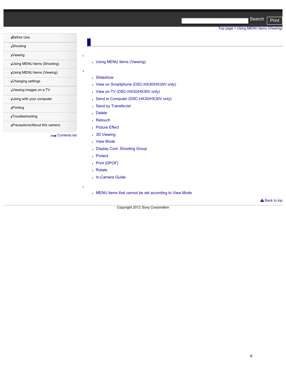 Using menu items (viewing), Menu items (viewing), Playback menu list | Cyber-shot user guide print search | Sony DSC-HX30V User Manual | Page 15 / 276