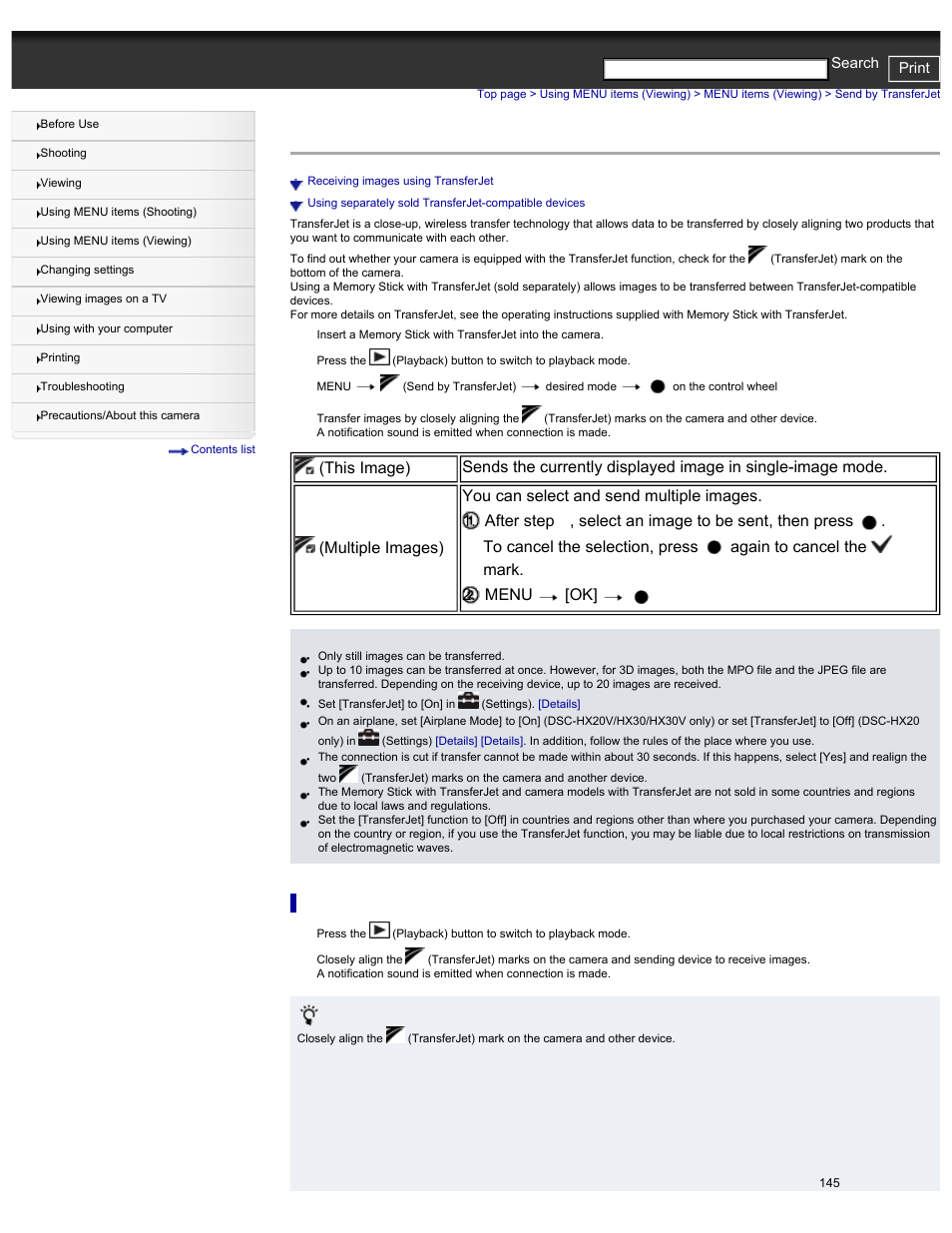 Send by transferjet, Receiving images using transferjet, Cyber-shot user guide print search | Sony DSC-HX30V User Manual | Page 154 / 276