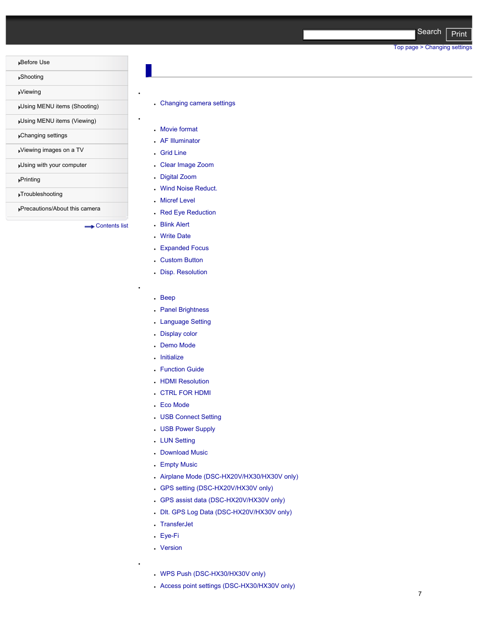 Changing settings, Shooting settings, Main settings | Network settings, Cyber-shot user guide print search | Sony DSC-HX30V User Manual | Page 16 / 276