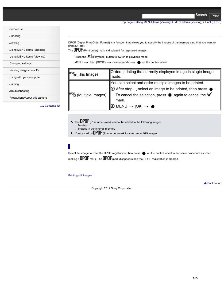 Print (dpof) | Sony DSC-HX30V User Manual | Page 164 / 276