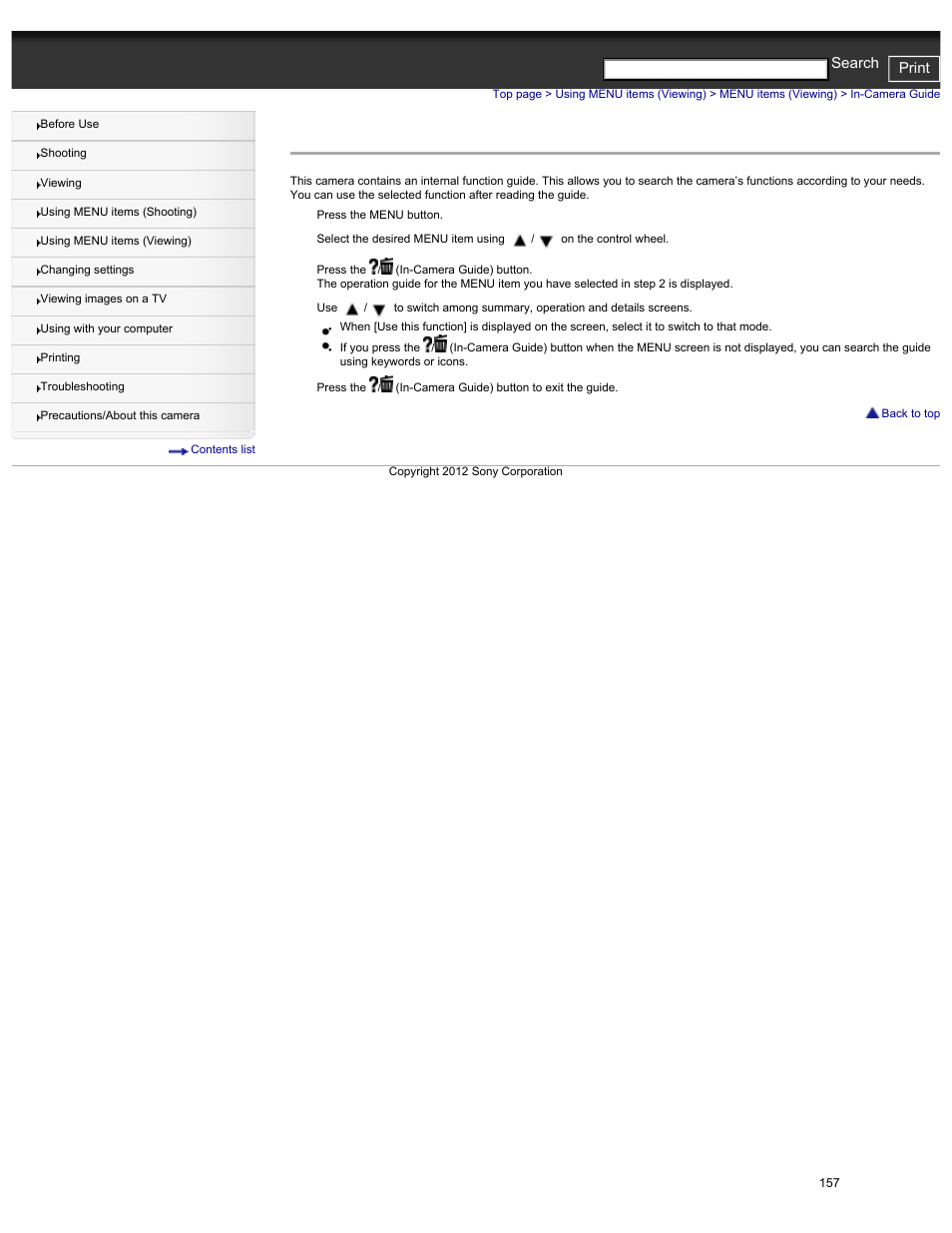 In-camera guide, Cyber-shot user guide print search | Sony DSC-HX30V User Manual | Page 166 / 276