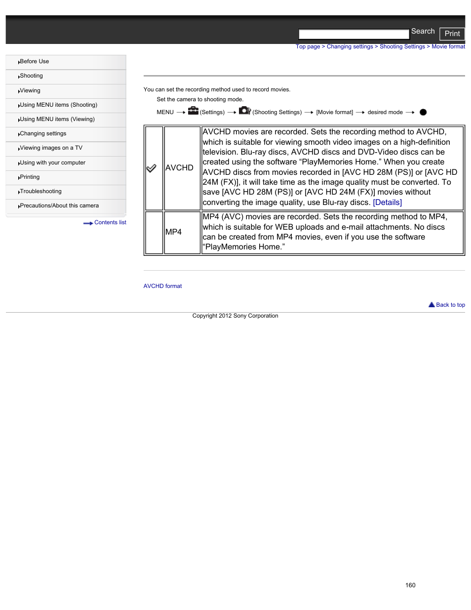 Movie format, Shooting mode, Details | Sony DSC-HX30V User Manual | Page 169 / 276