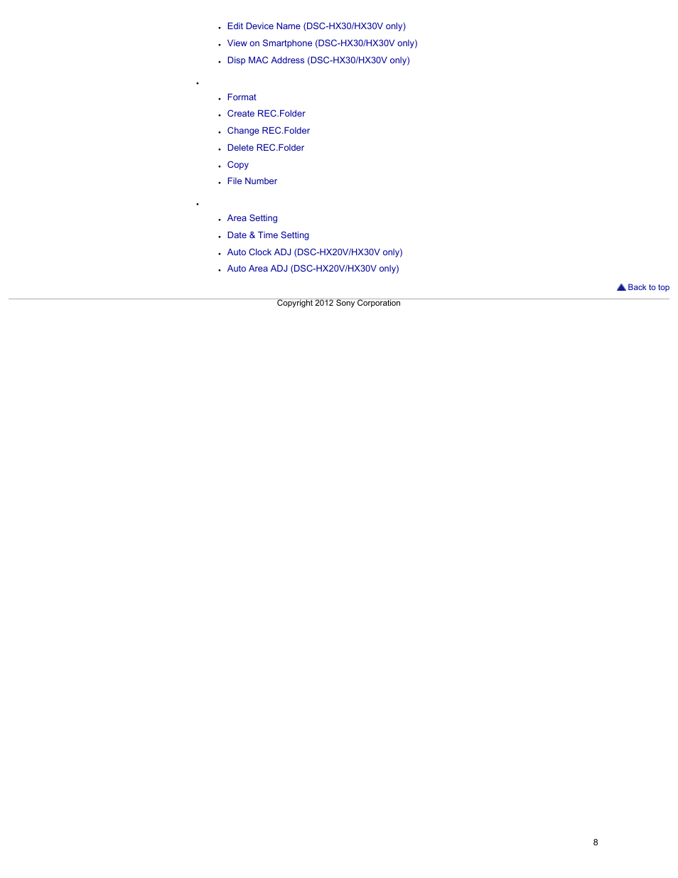 Memory card tool/internal memory tool, Clock settings | Sony DSC-HX30V User Manual | Page 17 / 276