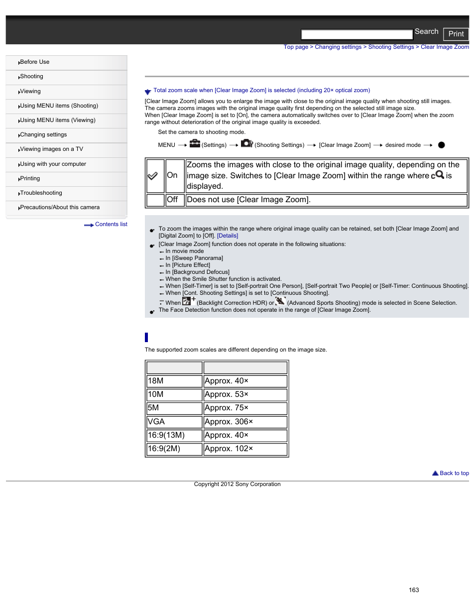 Clear image zoom, Including 20× optical zoom), Details | Settings, Is [on, Cyber-shot user guide print search | Sony DSC-HX30V User Manual | Page 172 / 276