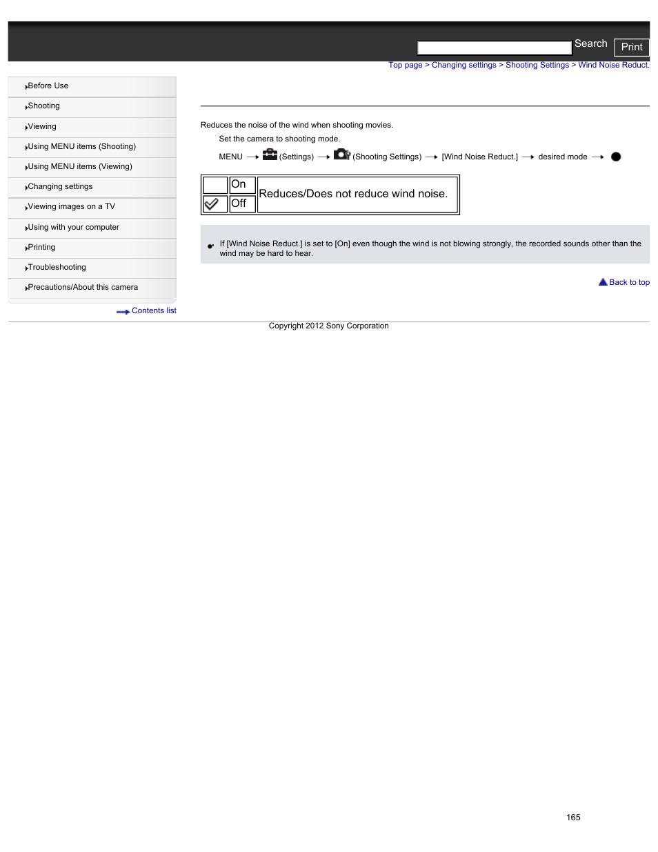 Wind noise reduct, On reduces/does not reduce wind noise. off | Sony DSC-HX30V User Manual | Page 174 / 276