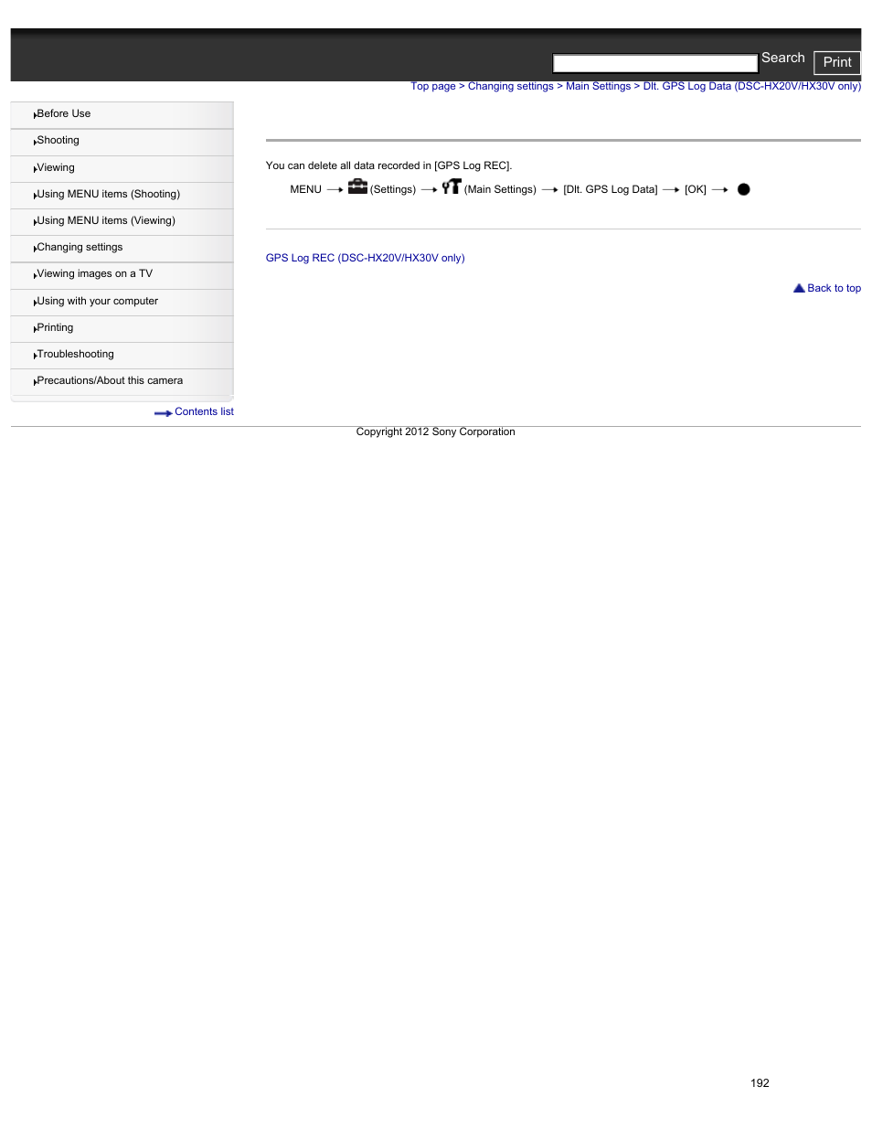 Dlt. gps log data (dsc-hx20v/hx30v only), Details, Cyber-shot user guide print search | Sony DSC-HX30V User Manual | Page 201 / 276