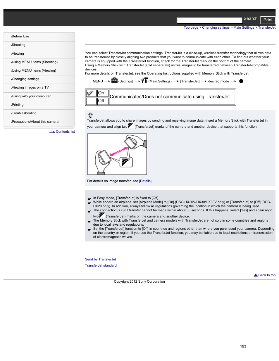 Transferjet, Settings), Details | Cyber-shot user guide print search | Sony DSC-HX30V User Manual | Page 202 / 276