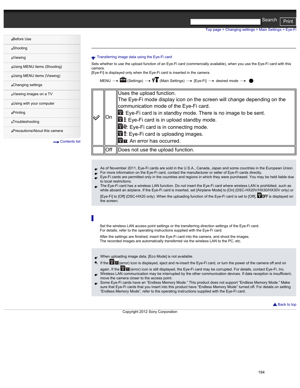 Eye-fi, Transferring image data using the eye-fi card, Cyber-shot user guide print search | Sony DSC-HX30V User Manual | Page 203 / 276