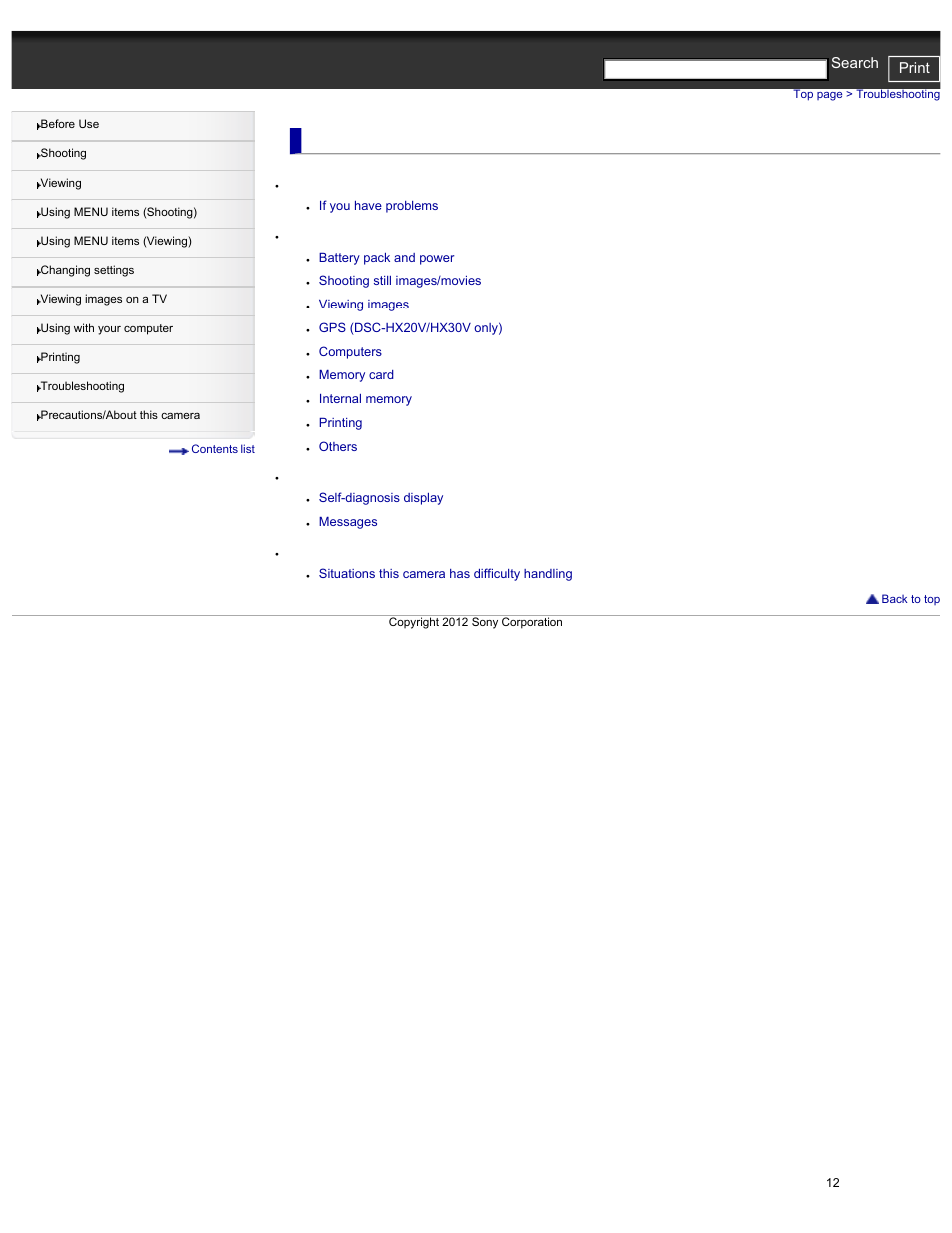 Troubleshooting, Warning indicators and messages, Cyber-shot user guide print search | Sony DSC-HX30V User Manual | Page 21 / 276