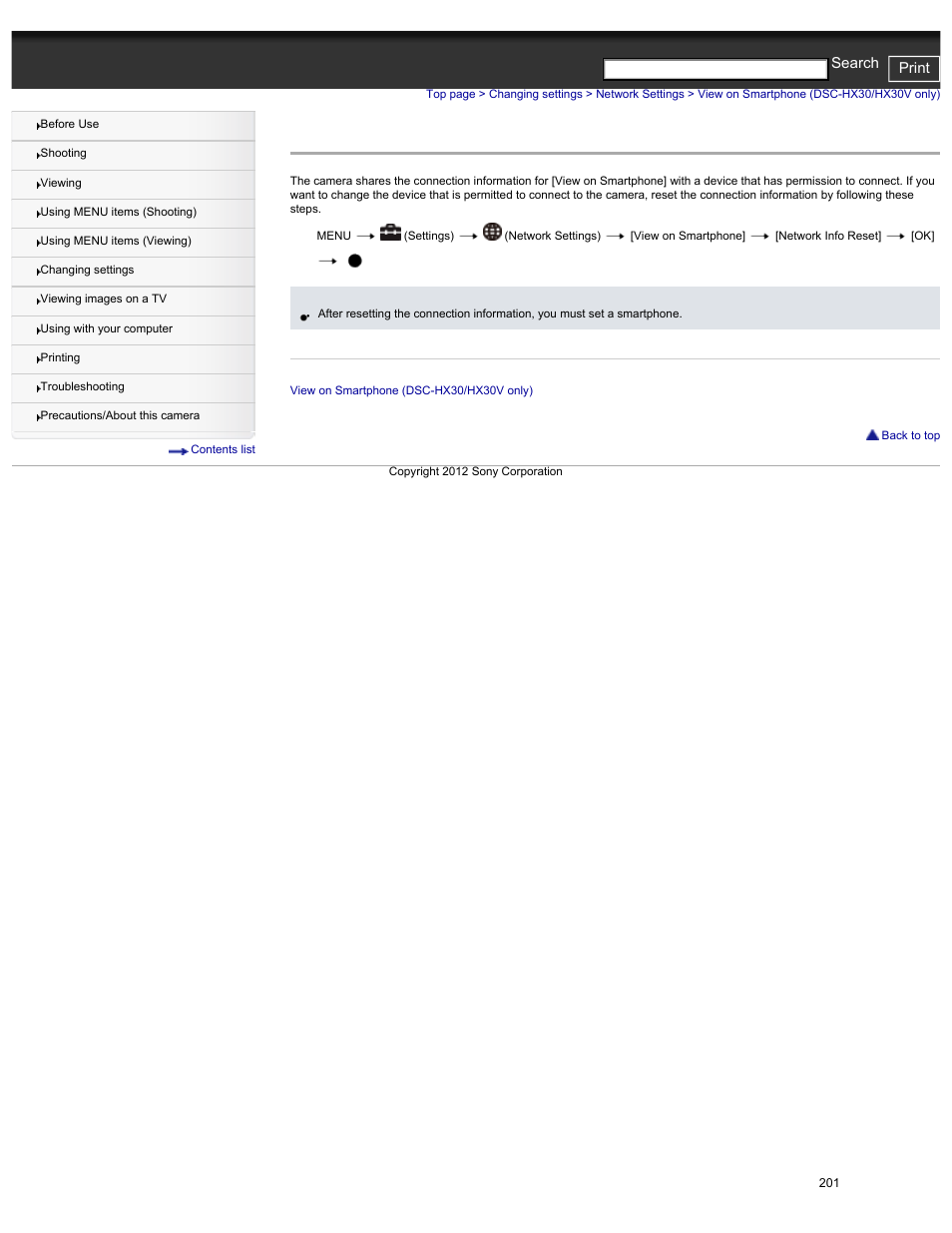 View on smartphone (dsc-hx30/hx30v only), Connection information, you must set a smartphone, Details | Cyber-shot user guide print search | Sony DSC-HX30V User Manual | Page 210 / 276