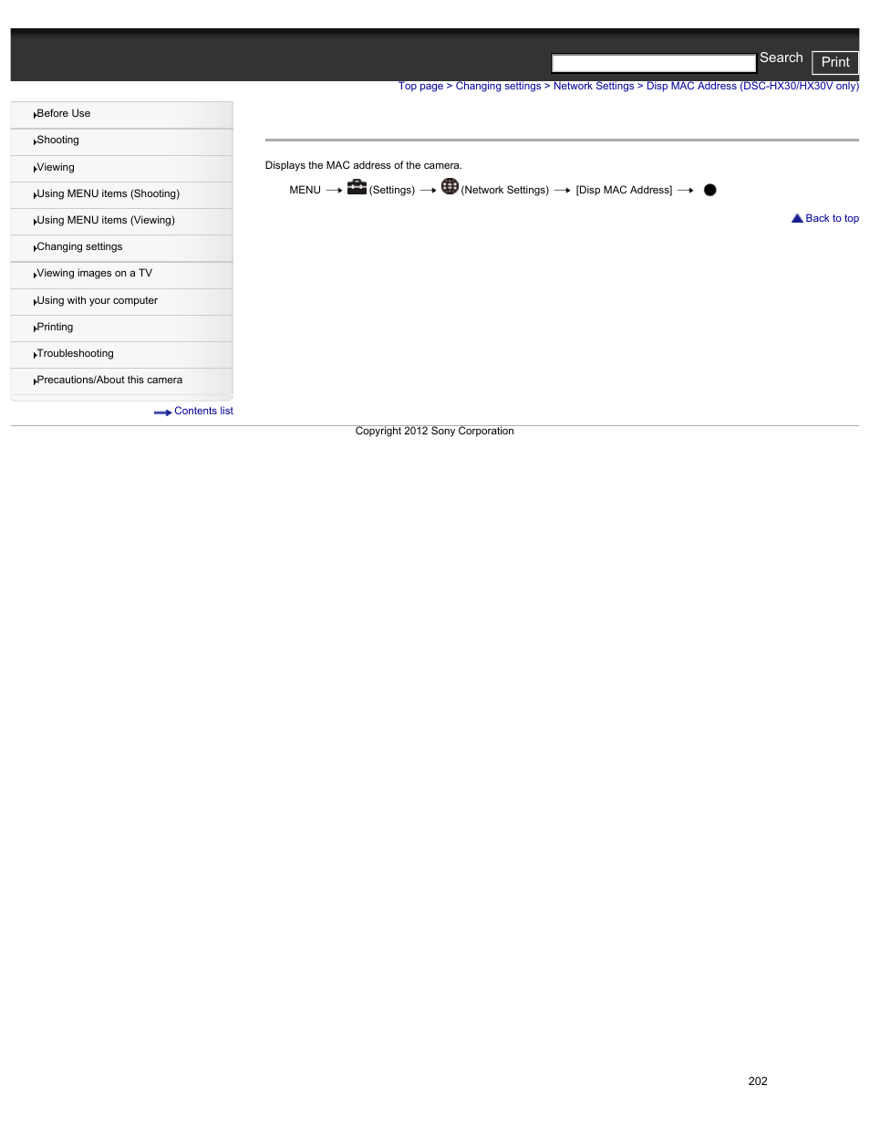 Disp mac address (dsc-hx30/hx30v only), Cyber-shot user guide print search | Sony DSC-HX30V User Manual | Page 211 / 276