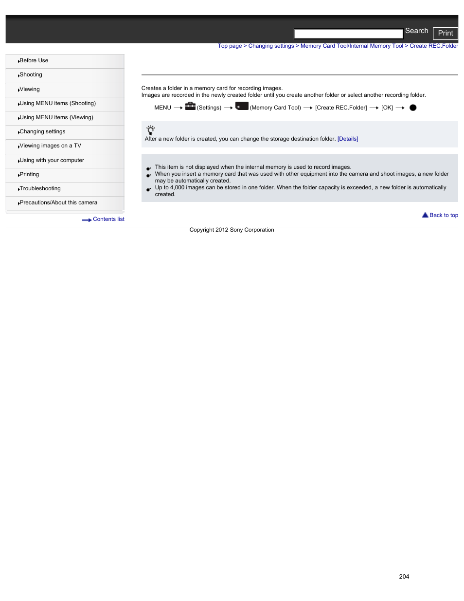 Create rec.folder, Cyber-shot user guide print search | Sony DSC-HX30V User Manual | Page 213 / 276