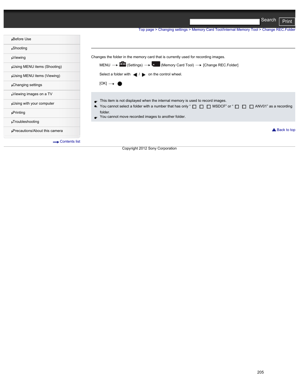 Change rec.folder, Details, Cyber-shot user guide print search | Sony DSC-HX30V User Manual | Page 214 / 276