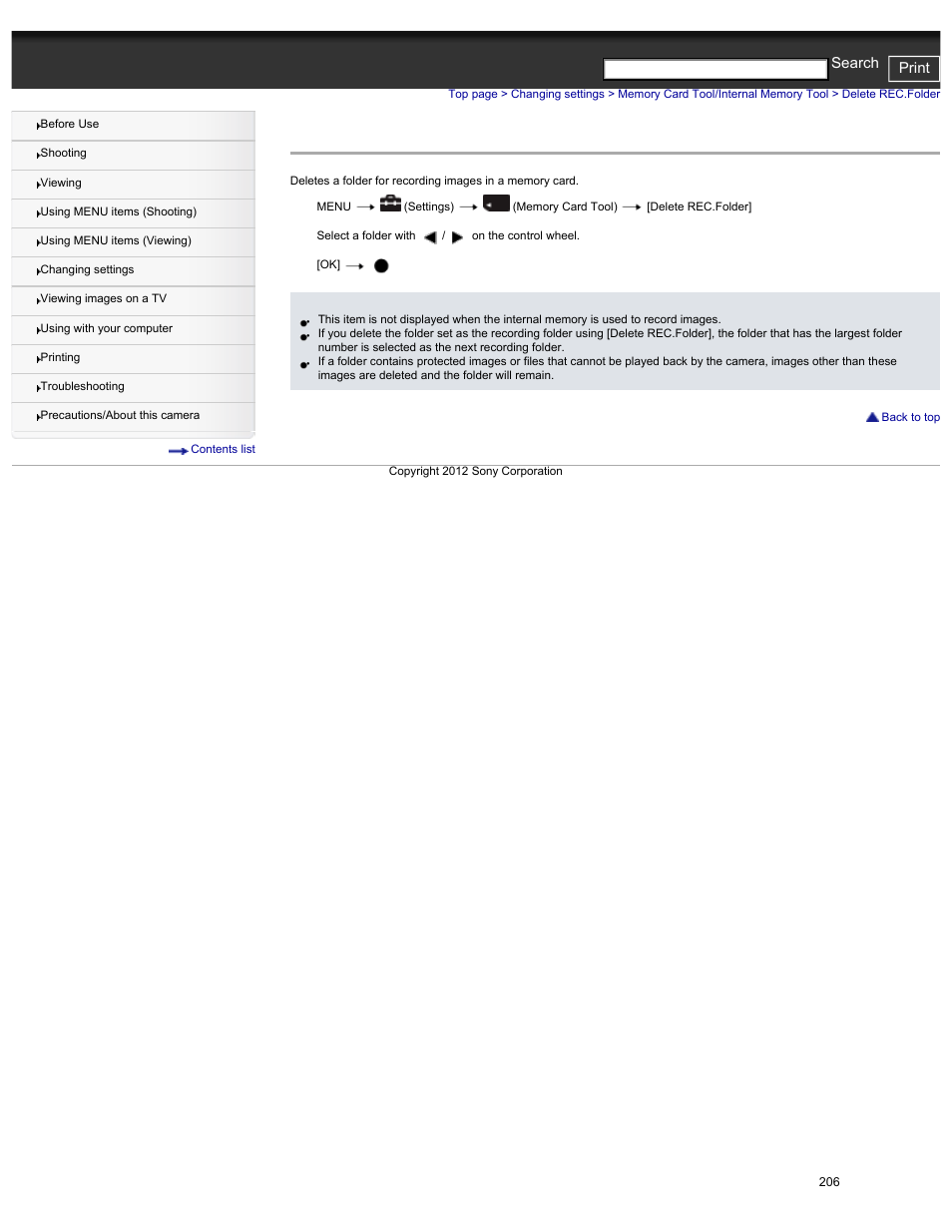 Delete rec.folder, Cyber-shot user guide print search | Sony DSC-HX30V User Manual | Page 215 / 276