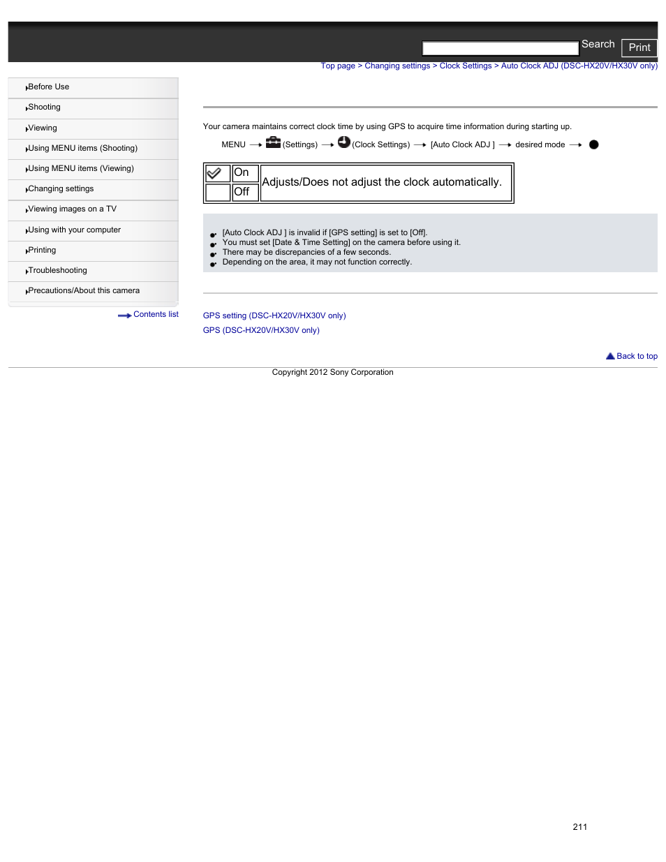 Auto clock adj (dsc-hx20v/hx30v only), Cyber-shot user guide print search | Sony DSC-HX30V User Manual | Page 220 / 276