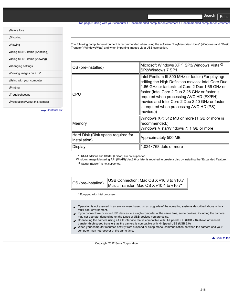Recommended computer environment, Os (pre-installed) microsoft windows xp, Sp3/windows vista | Sony DSC-HX30V User Manual | Page 227 / 276