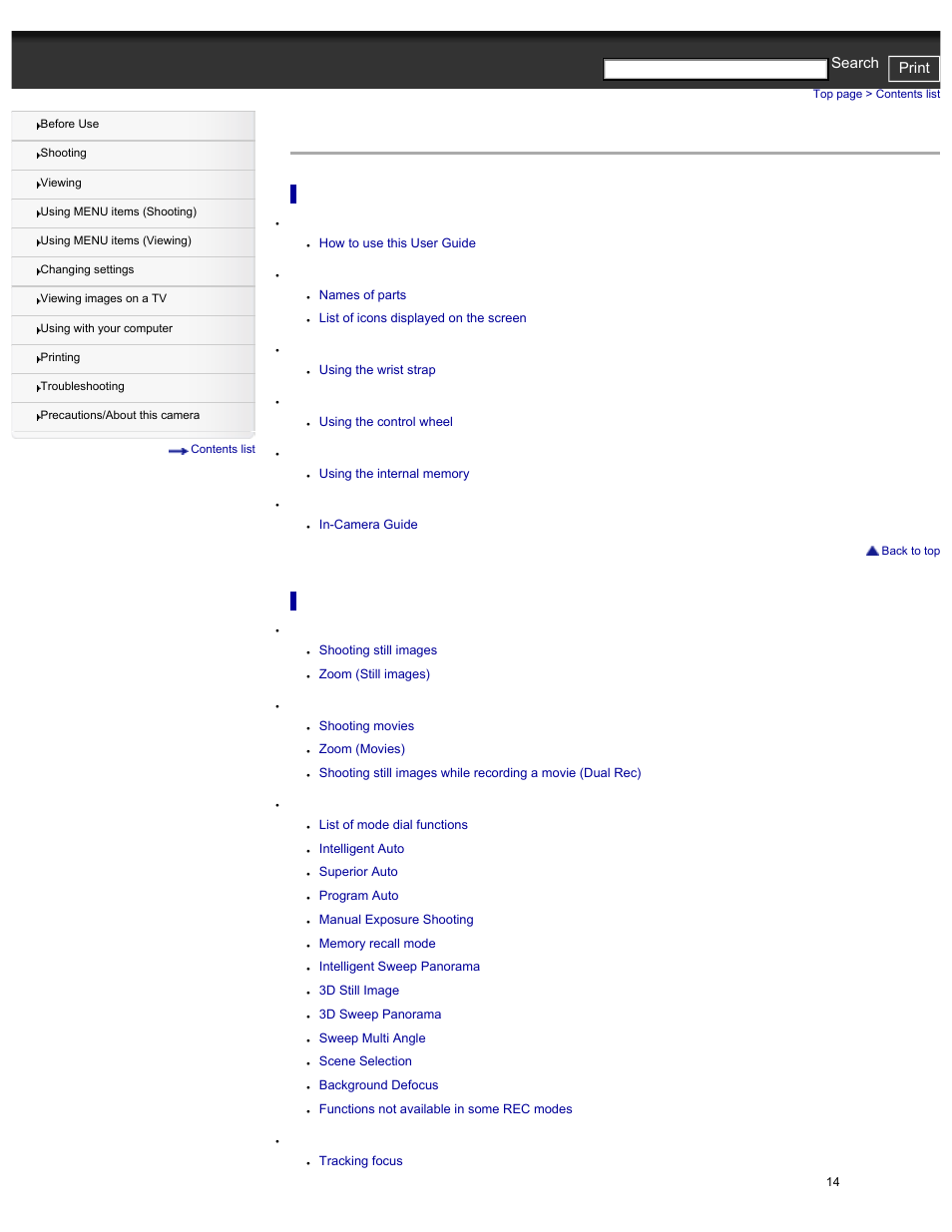 Contents list, Cyber-shot user guide print search, Before use | Shooting | Sony DSC-HX30V User Manual | Page 23 / 276