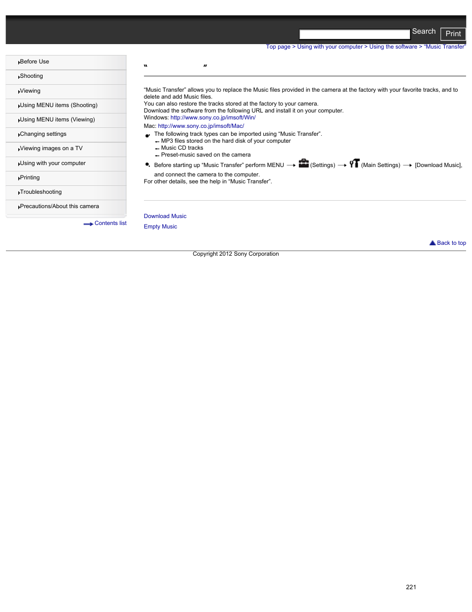 Music transfer, Cyber-shot user guide print search | Sony DSC-HX30V User Manual | Page 230 / 276
