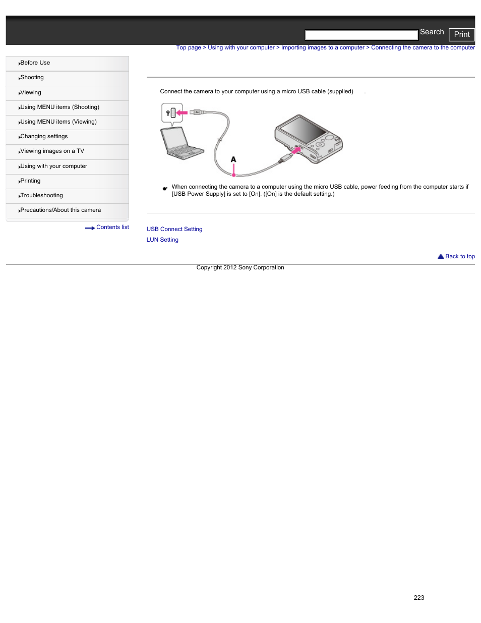 Connecting the camera to the computer, Cyber-shot user guide print search | Sony DSC-HX30V User Manual | Page 232 / 276