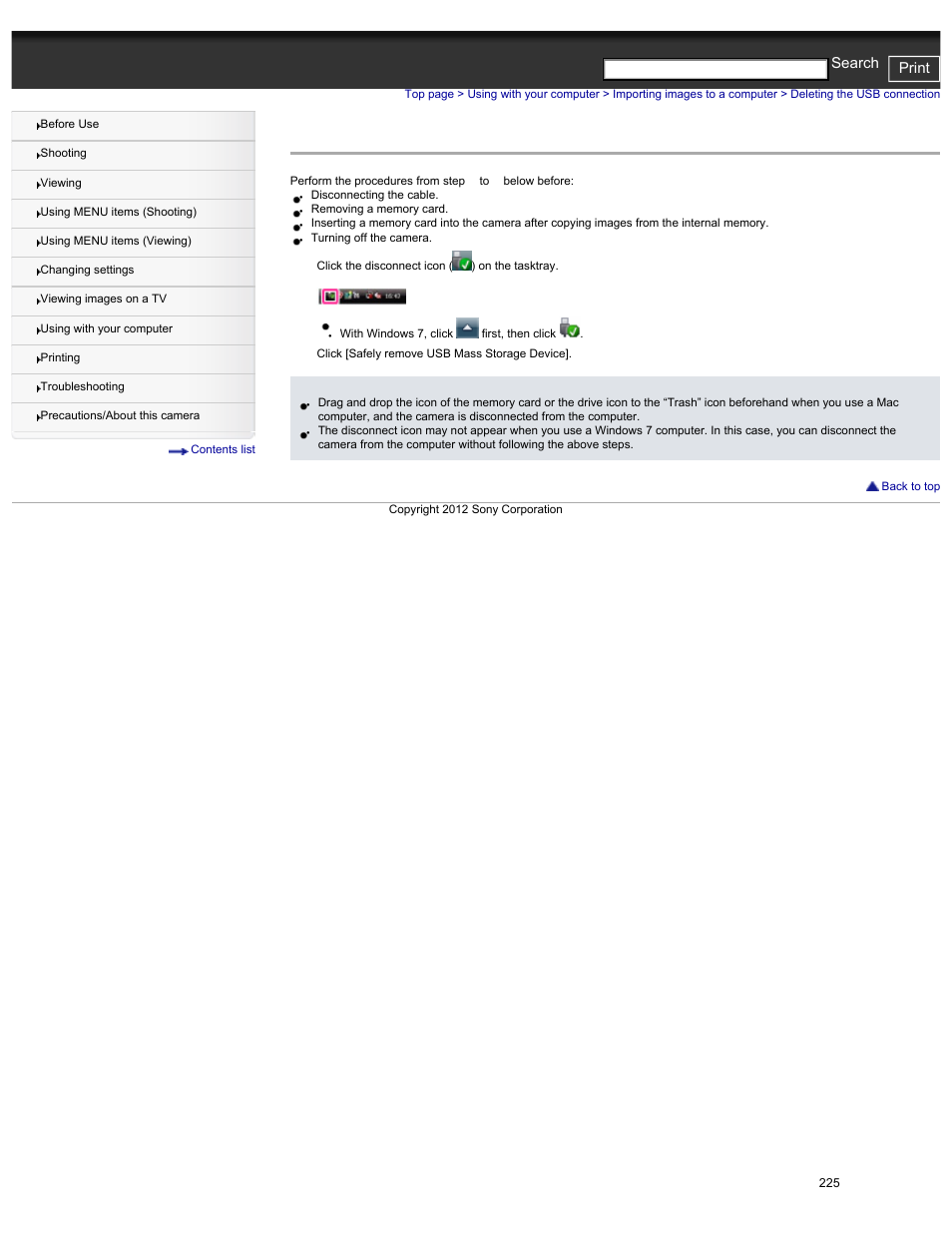 Deleting the usb connection, Cyber-shot user guide print search | Sony DSC-HX30V User Manual | Page 234 / 276