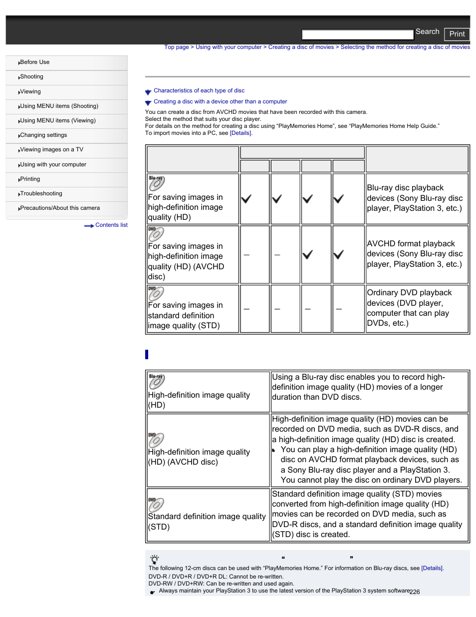 Selecting the method for creating a disc of movies, Characteristics of each type of disc | Sony DSC-HX30V User Manual | Page 235 / 276