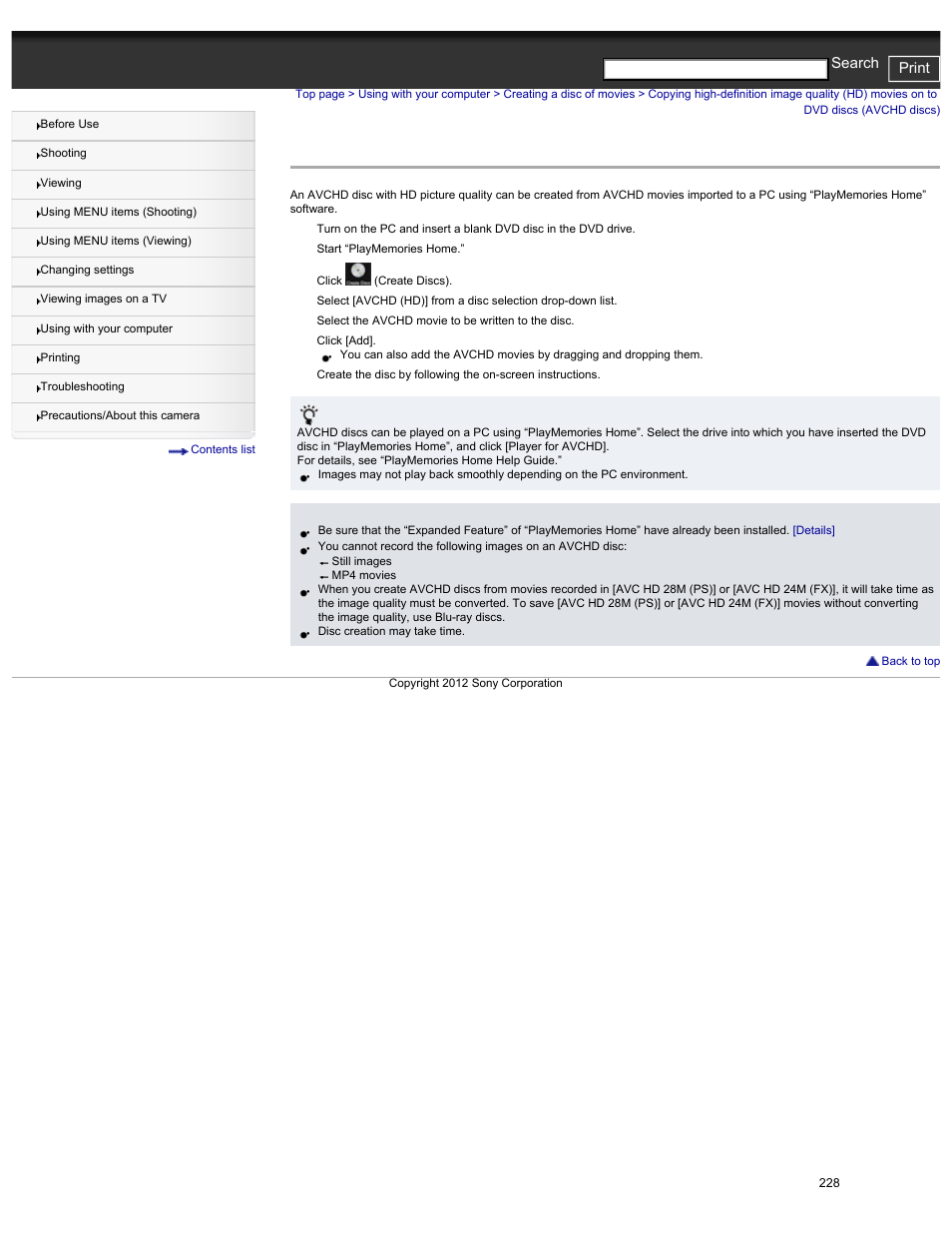 Discs (avchd discs), Cyber-shot user guide print search | Sony DSC-HX30V User Manual | Page 237 / 276