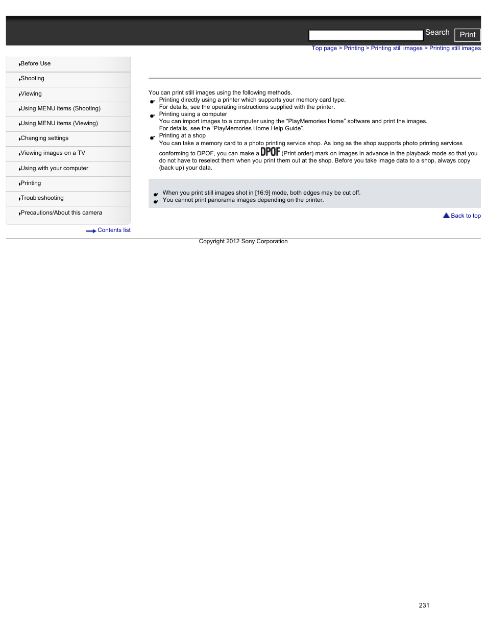 Printing still images, Cyber-shot user guide print search | Sony DSC-HX30V User Manual | Page 240 / 276