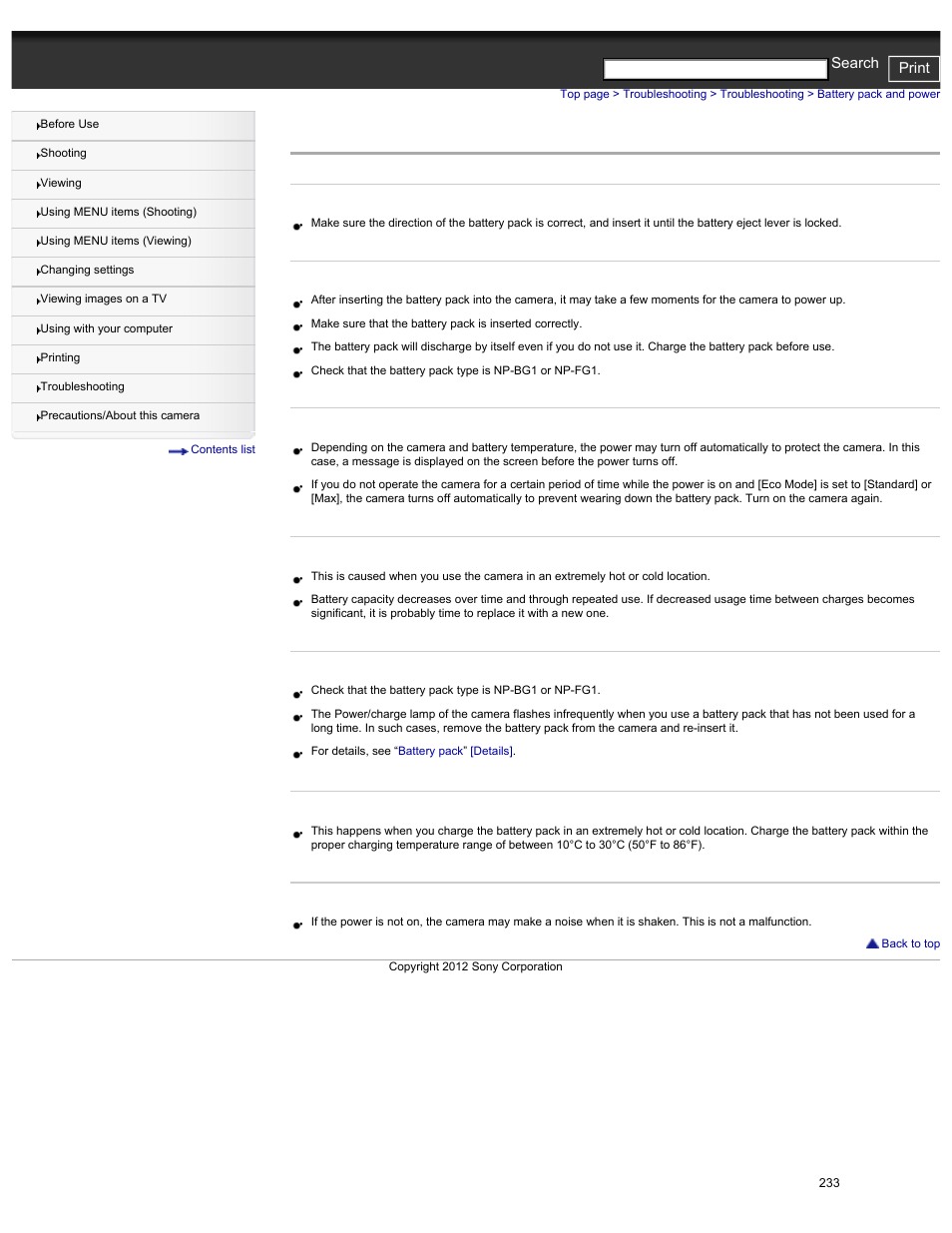 Battery pack and power, Cyber-shot user guide print search | Sony DSC-HX30V User Manual | Page 242 / 276