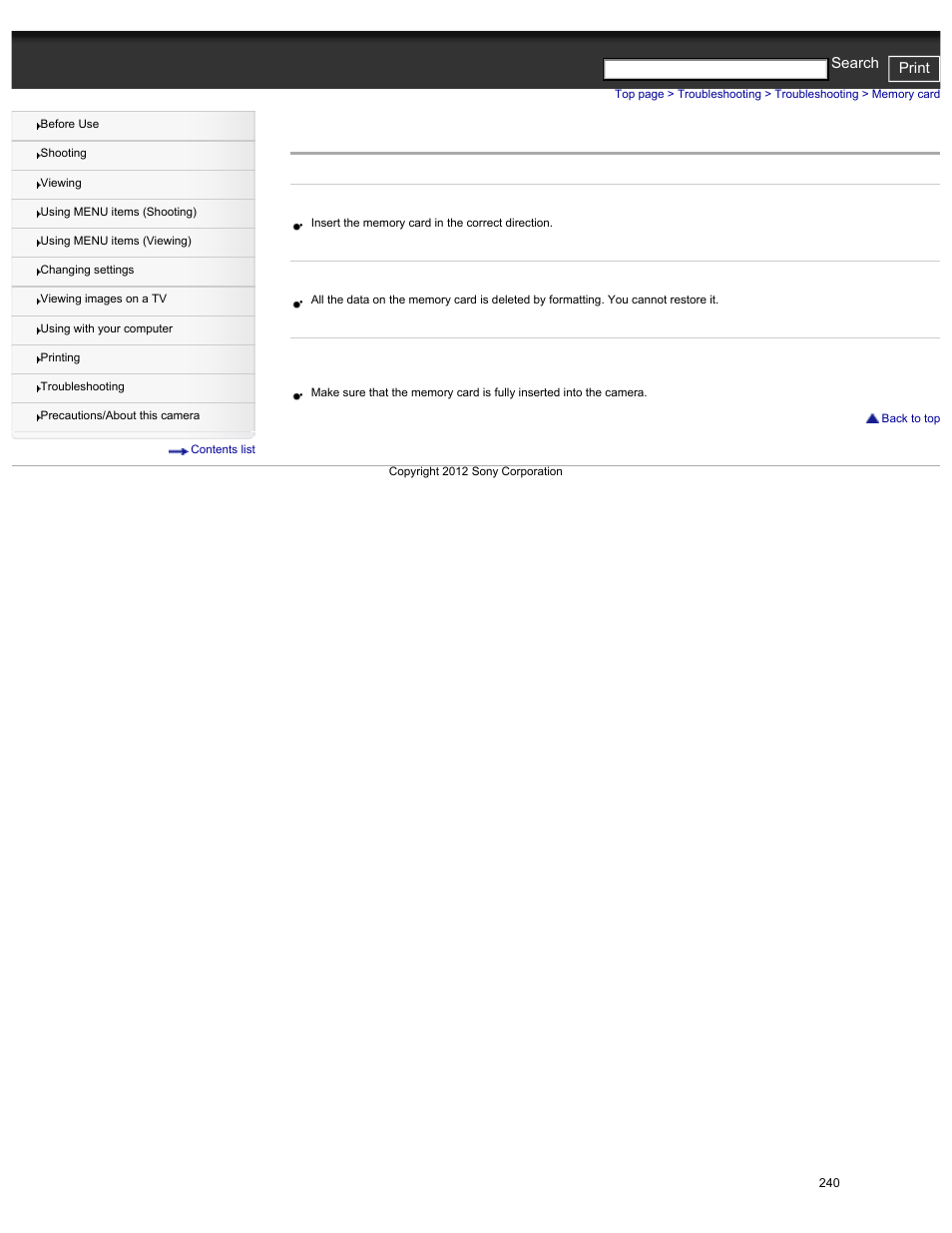 Memory card, Cyber-shot user guide print search | Sony DSC-HX30V User Manual | Page 249 / 276