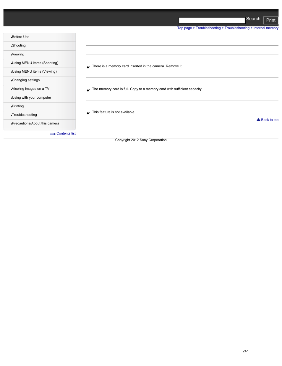 Internal memory, Cyber-shot user guide print search | Sony DSC-HX30V User Manual | Page 250 / 276