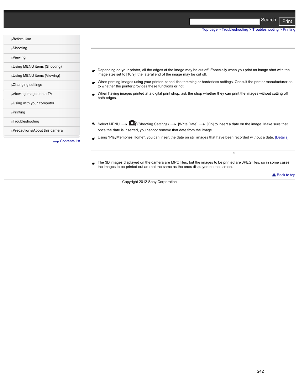 Printing, Cyber-shot user guide print search | Sony DSC-HX30V User Manual | Page 251 / 276