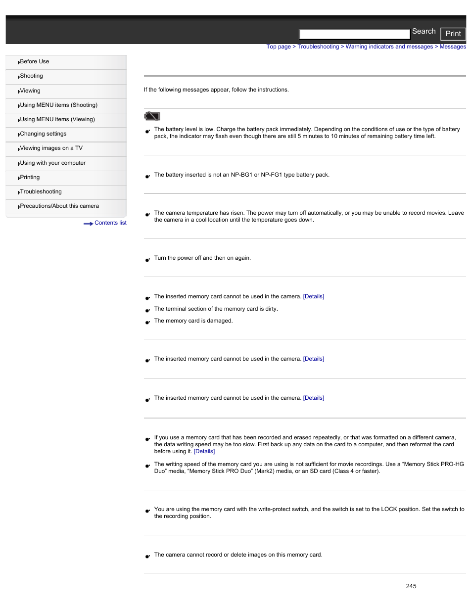 Messages, Cyber-shot user guide print search | Sony DSC-HX30V User Manual | Page 254 / 276