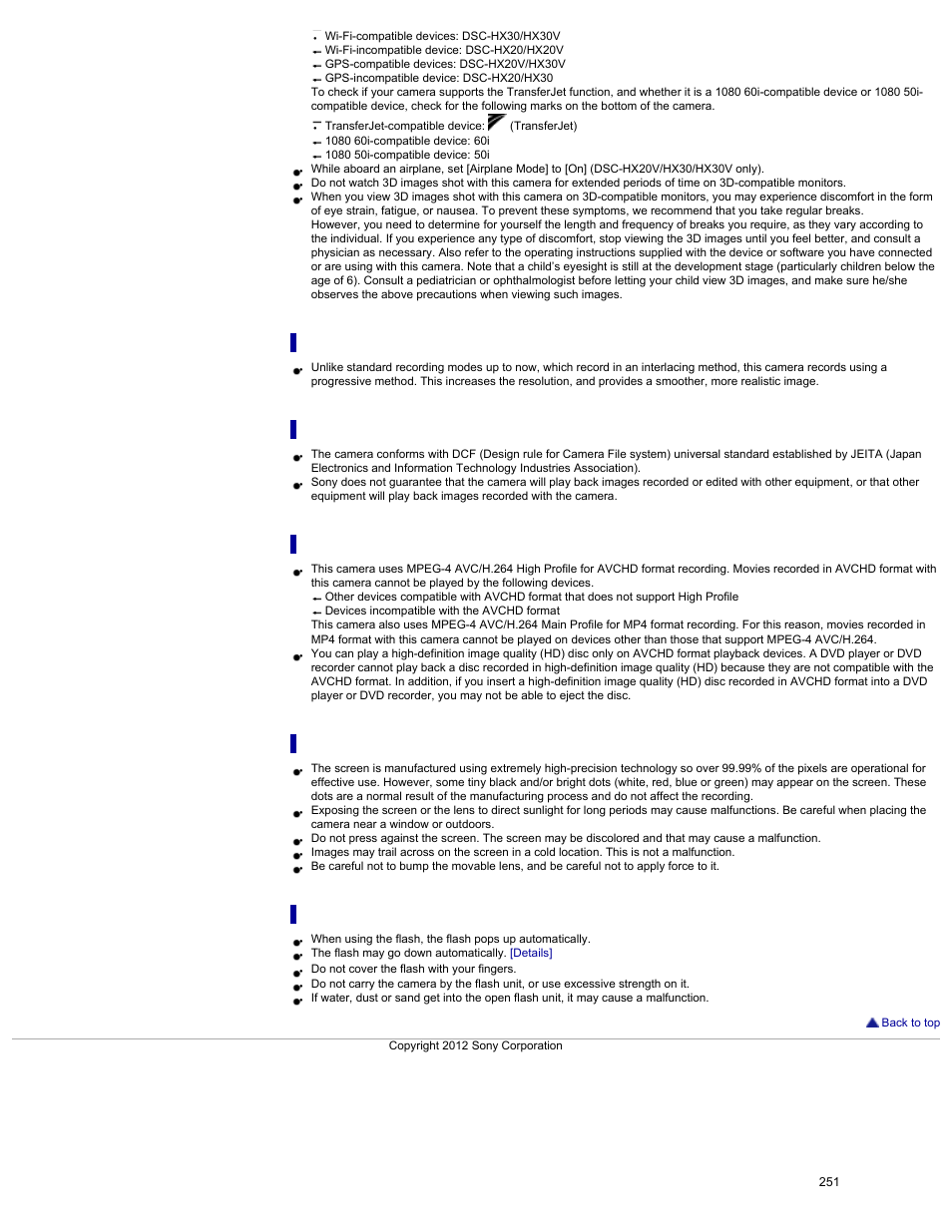 What is 1080 60p/50p, On image data compatibility, Notes when playing movies on other devices | Notes on the screen and lens, Notes on the flash | Sony DSC-HX30V User Manual | Page 260 / 276
