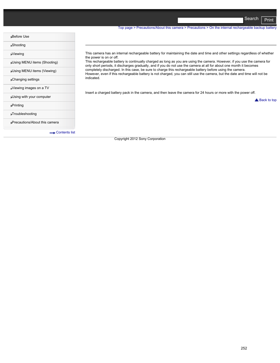On the internal rechargeable backup battery | Sony DSC-HX30V User Manual | Page 261 / 276