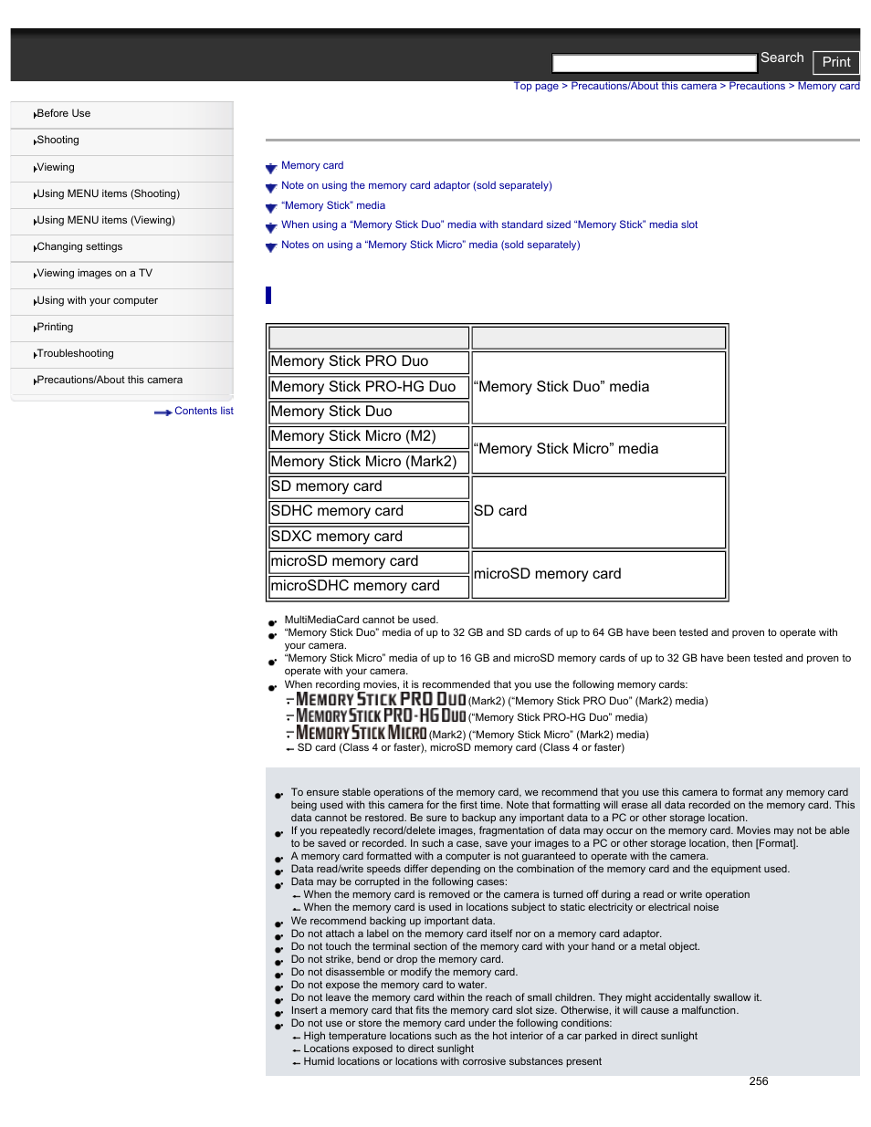 Memory card, Details, Cyber-shot user guide print search | Sony DSC-HX30V User Manual | Page 265 / 276