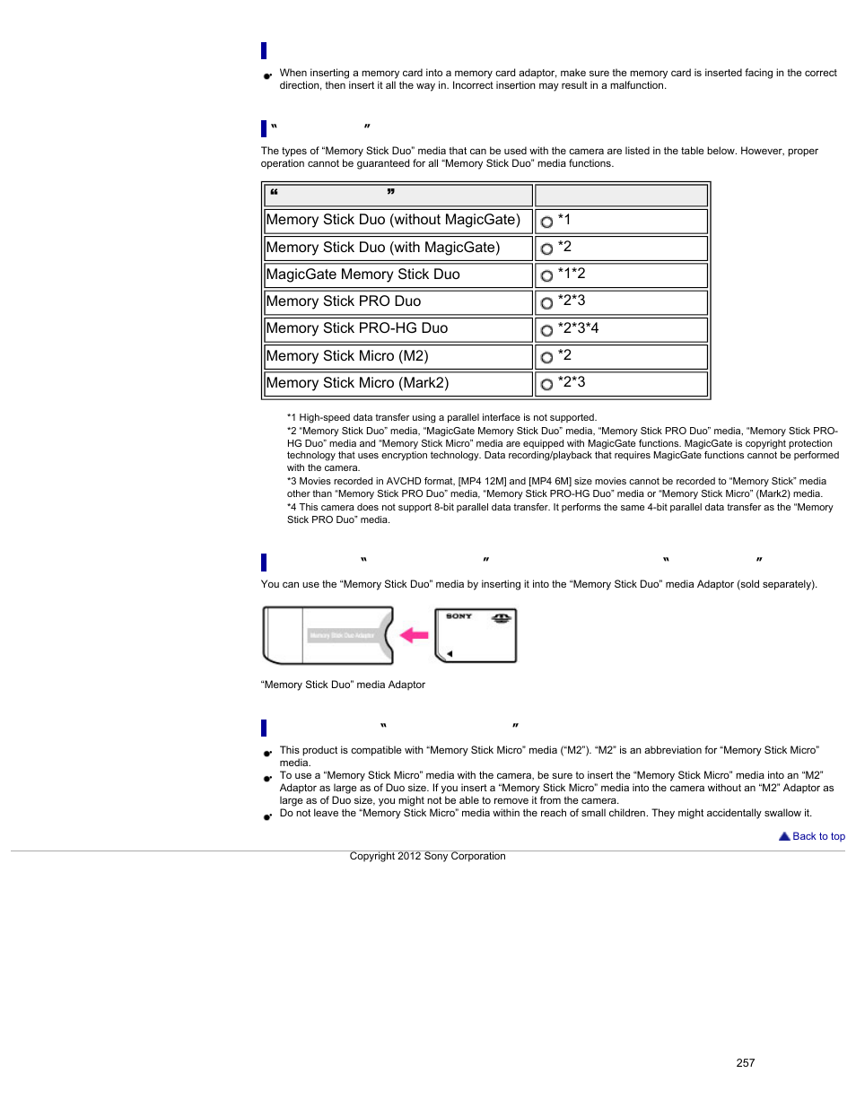Memory stick” media, Sized “memory stick” media slot, Notes on using a “memory stick micro” media (sold | Separately) | Sony DSC-HX30V User Manual | Page 266 / 276