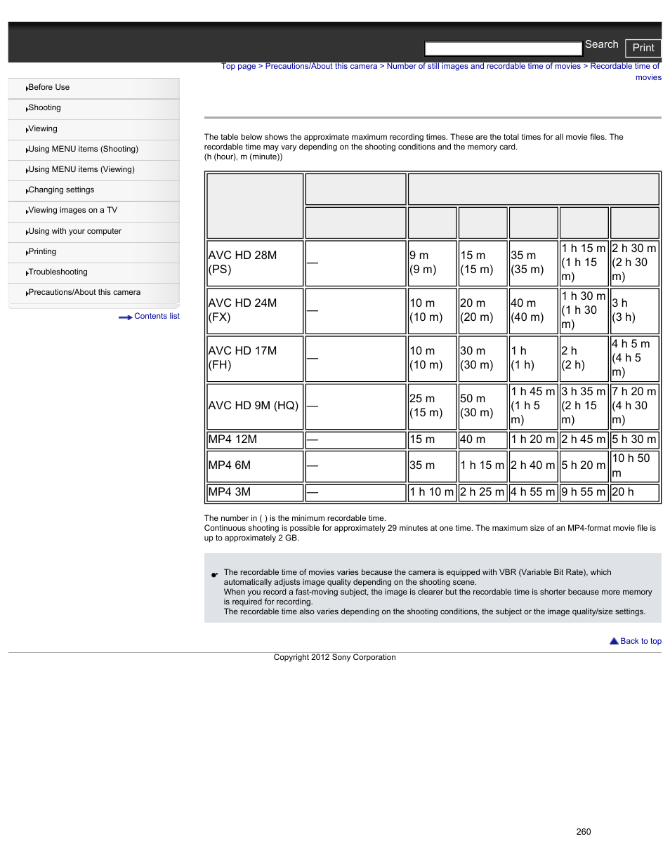 Recordable time of movies | Sony DSC-HX30V User Manual | Page 269 / 276