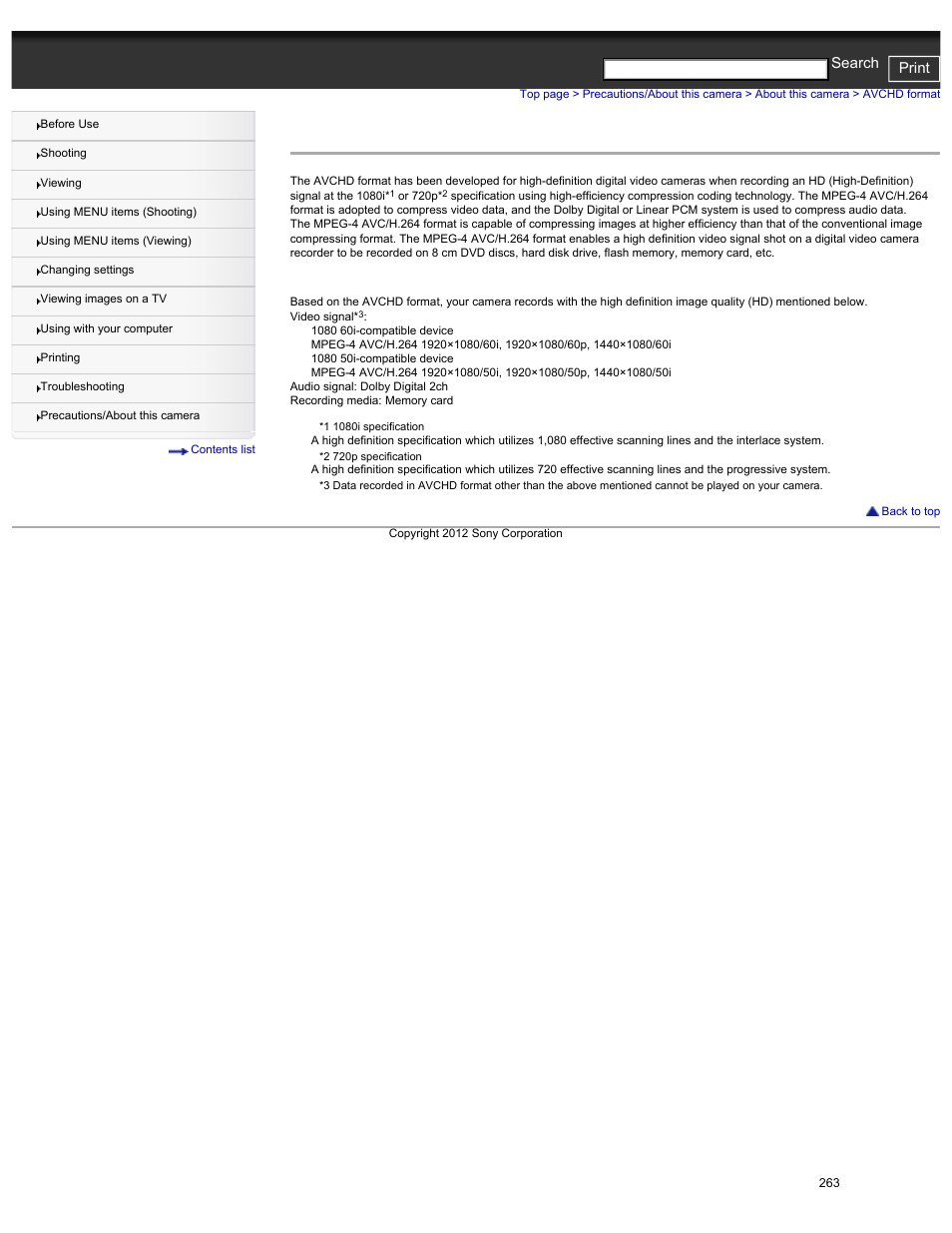 Avchd format, Cyber-shot user guide print search | Sony DSC-HX30V User Manual | Page 272 / 276